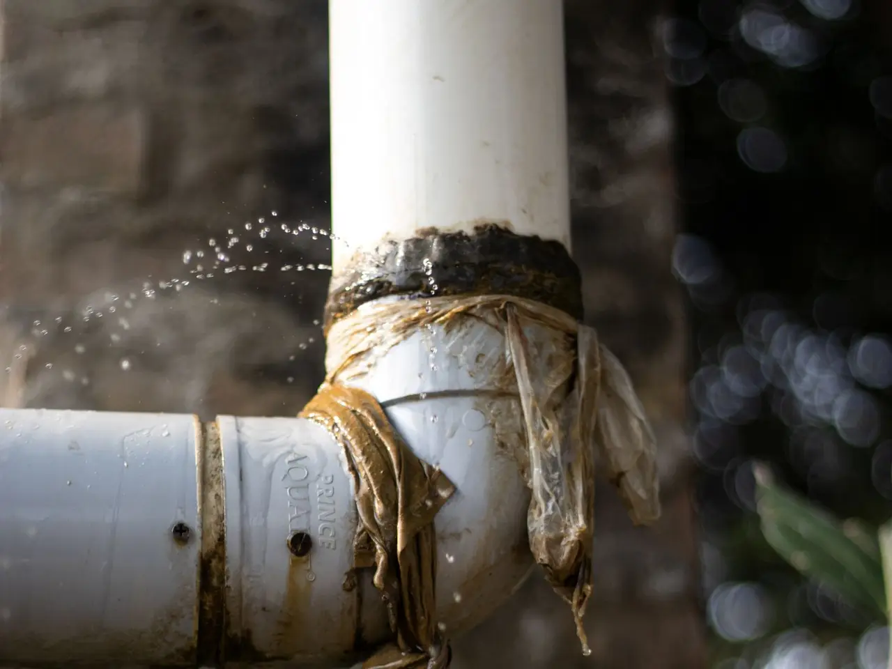 Water spraying from a wrapped, leaking pipe joint